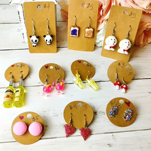 11 NEW Novelty Earring Lot/Bundle Resellers Panda, Dogs, PBJelly, Wine, Drinks - Picture 1 of 6